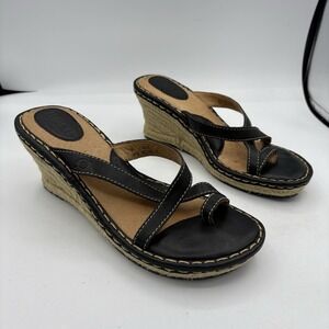 Born‎ Sandals Womens Size 8 Black Leather Espadrille Wedge Heel Mule Toe Loop